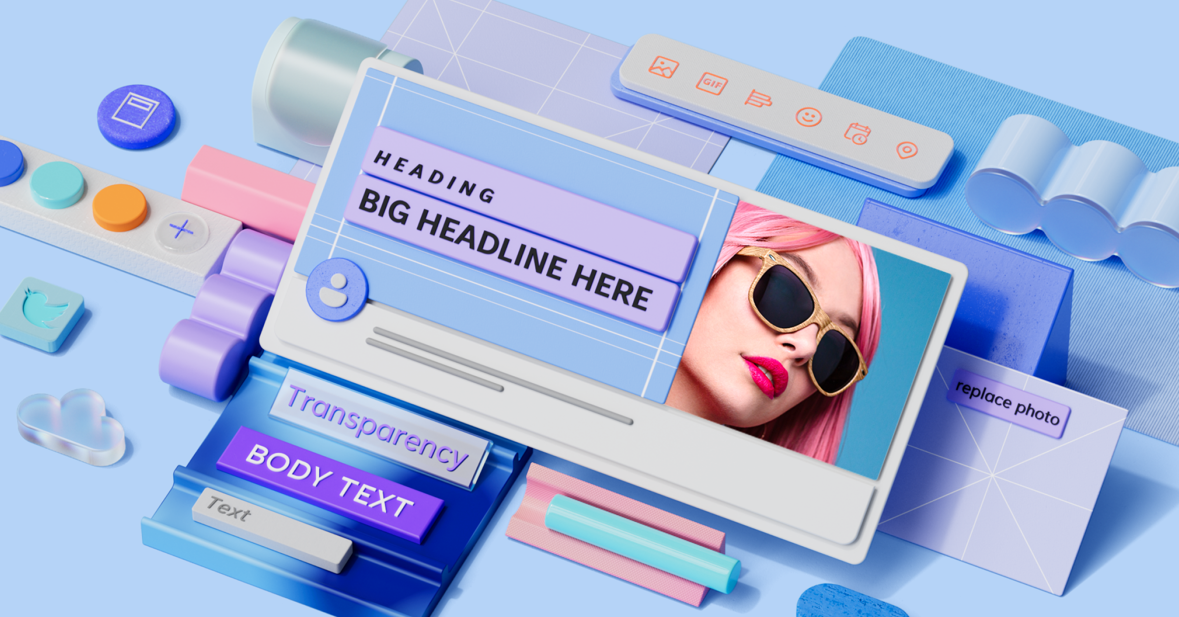 A digital collage featuring a woman with pink hair and sunglasses, augmented with floating graphical elements like text boxes, icons, and interface buttons, set against a light blue background.