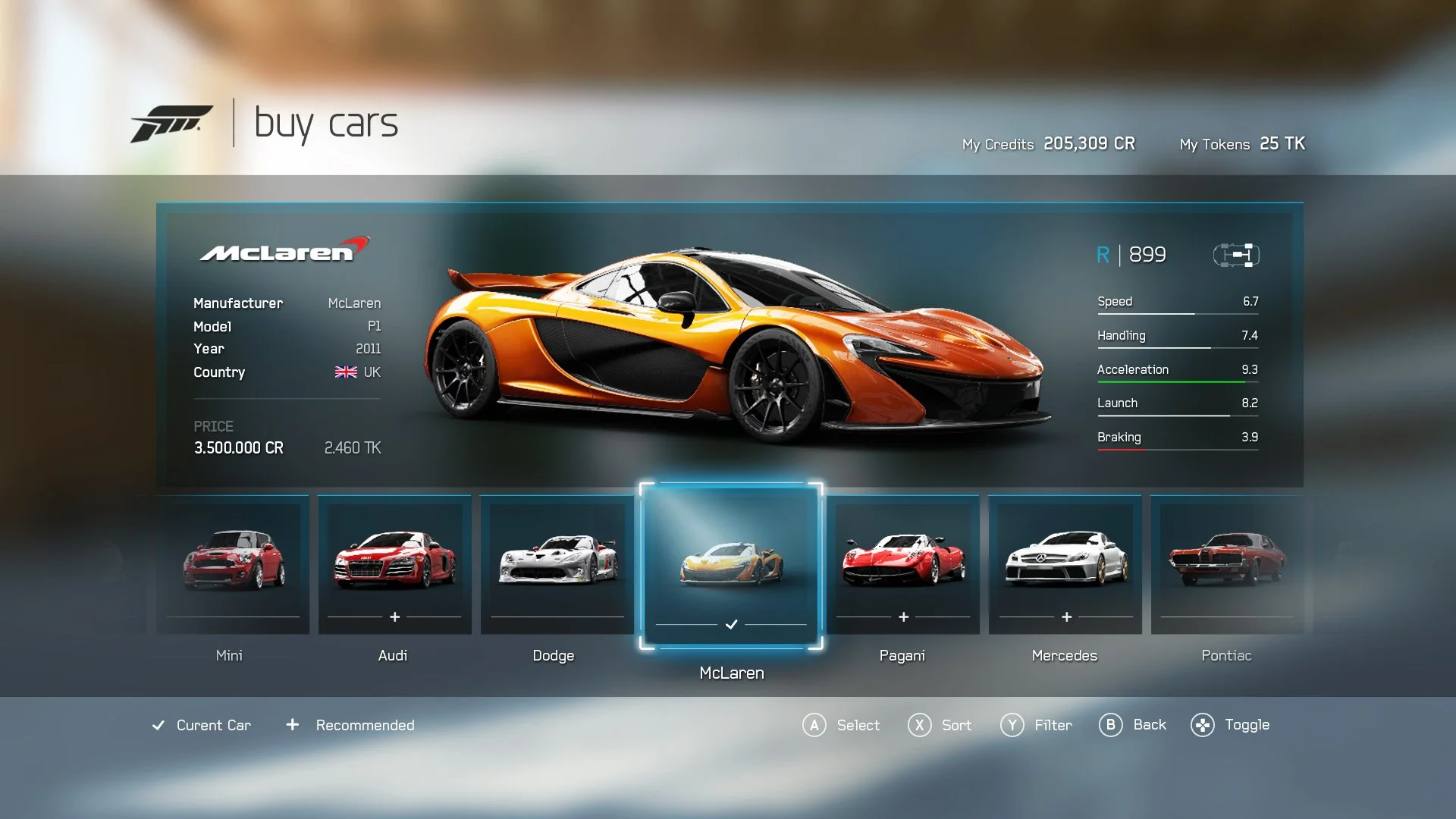 Video game user interface showcasing a virtual car showroom with a detailed McLaren P1, including specifications and performance ratings, amid other luxury vehicles.