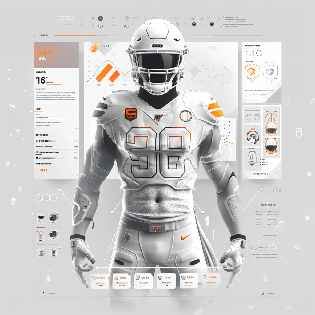 A futuristic digital display of a football player wearing a white helmet with a black visor and a white uniform, with various data, graphs, and icons surrounding the player for analysis.