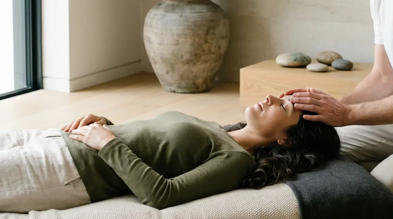 A woman lies on a mat with eyes closed while a person gently places a hand on her forehead, suggesting a healing or meditative session in a cozy, minimalistic room.