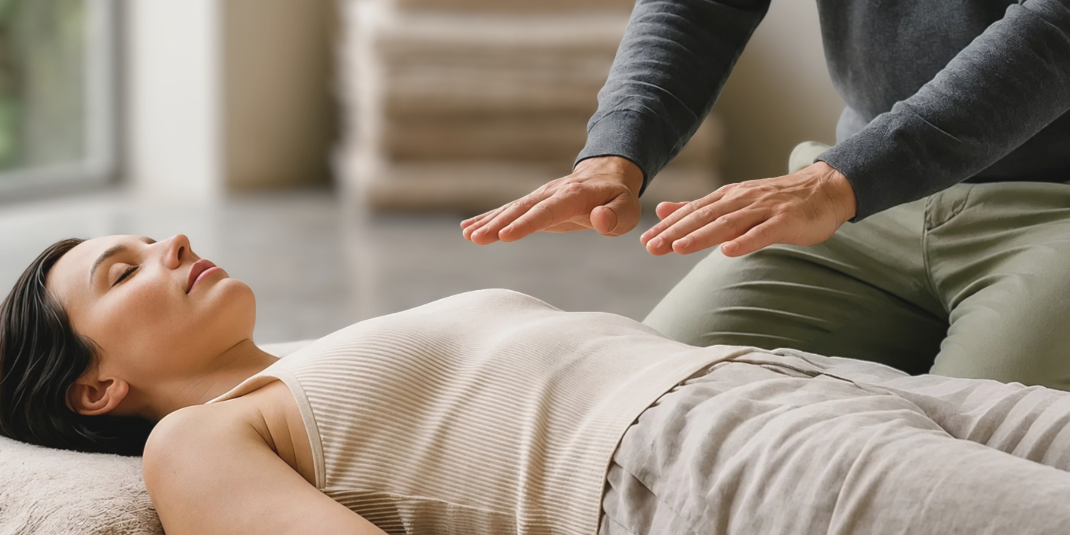 A woman lying on her back with eyes closed, while a person kneels beside her with hands extended above her, suggesting a calming or healing activity.