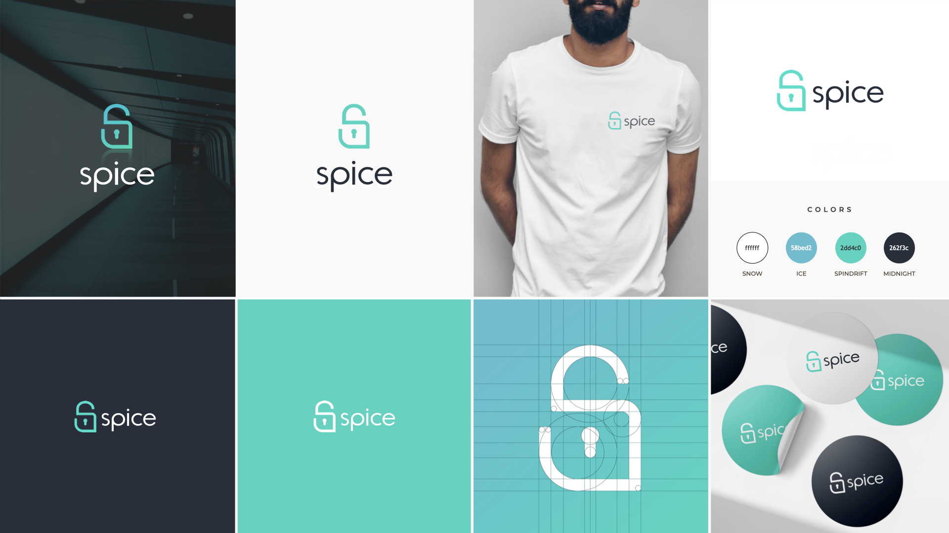Collection of branding visuals for 'spice' including a logo, color palette, a man wearing a white t-shirt with the spice logo, and packaging designs, featuring colors snow, ice, spindrift, and midnight.
