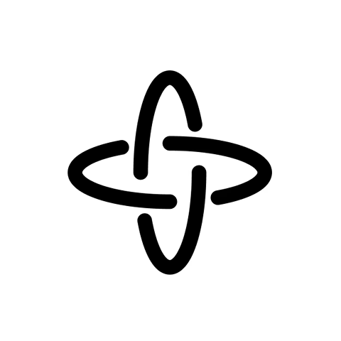A black and white logo featuring an abstract design with an infinity sign intertwined with an elongated vertical oval, resembling an atomic or molecular structure.