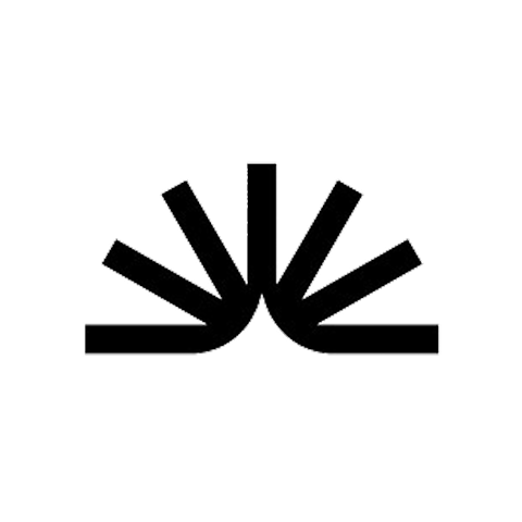 Black geometric abstract symbol with symmetrical angled lines on a white background.