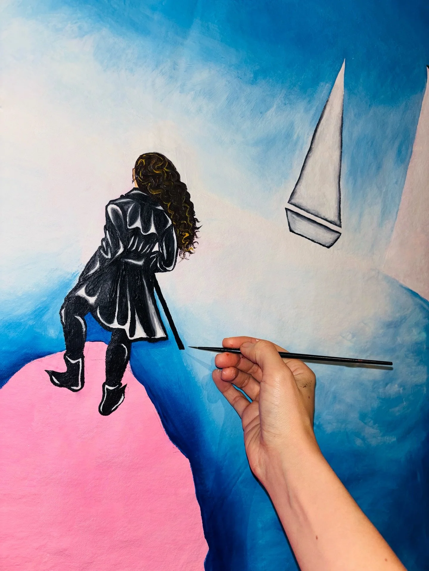 "Where should we draw the line between dream and reality?"
 
Details from new surrealist piece, 
Inspired by Caspar David Friedrich - The Wanderer Above The Sea Of Fog 🌬️
90 x 150 cm,
Acrylic on canvas,
London, 2026

Stay tuned for more 🌱