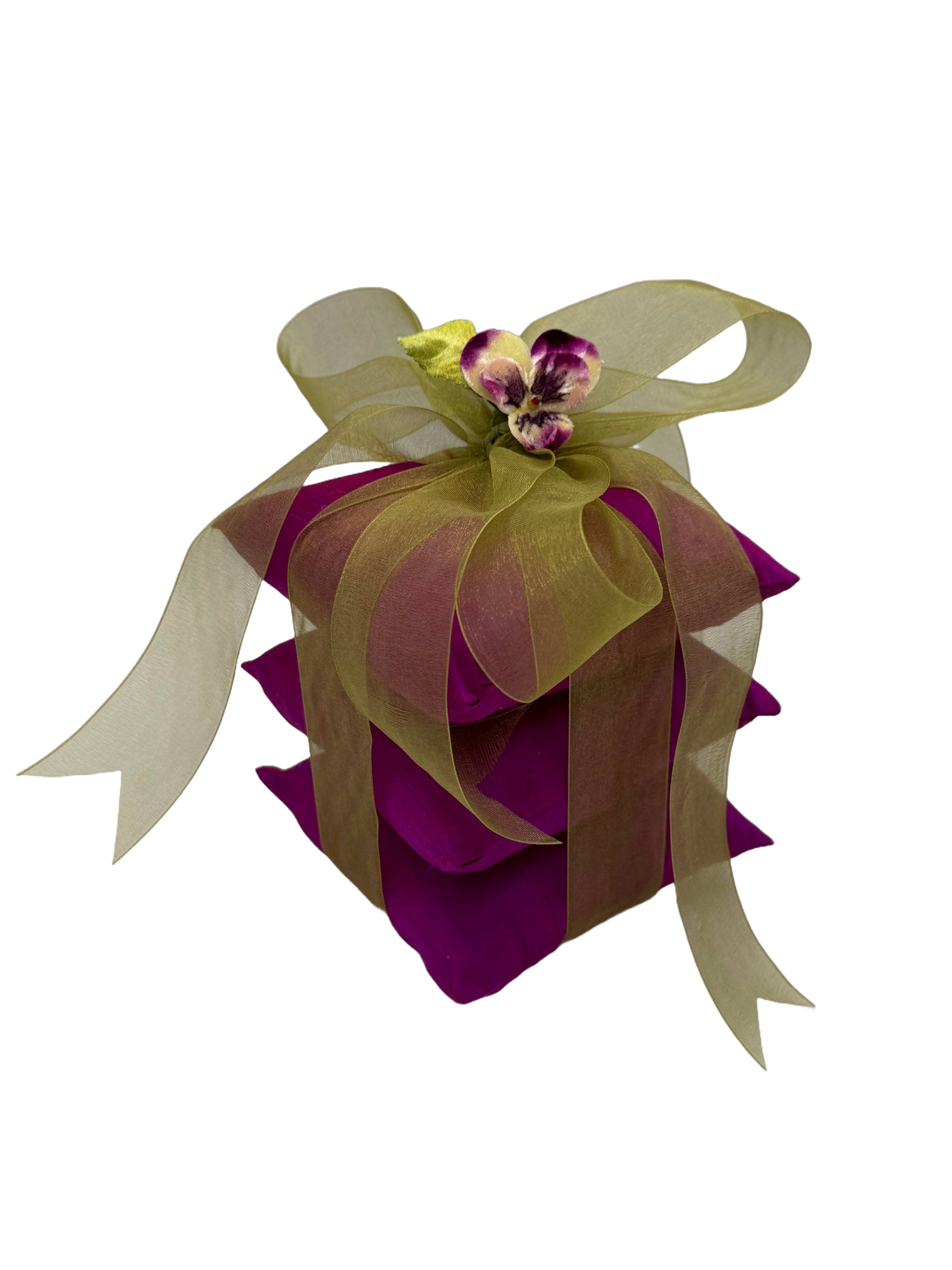 Silk Sachet 3 stack Scented Pillows Purple with green trim