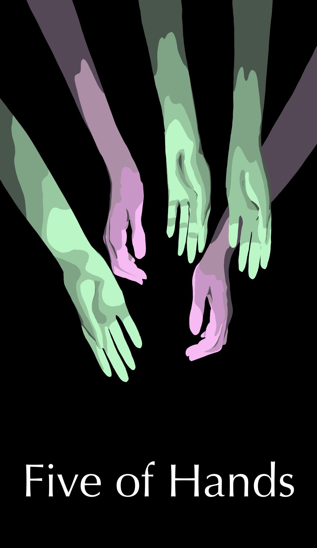 The Five of Hands deals with regret, failure and disappointment. These are seen in the almost gray tones of these hands. There is no enthusiasm as they reach for something they want but do not have. It feels as thought it has slipped just out of reac
