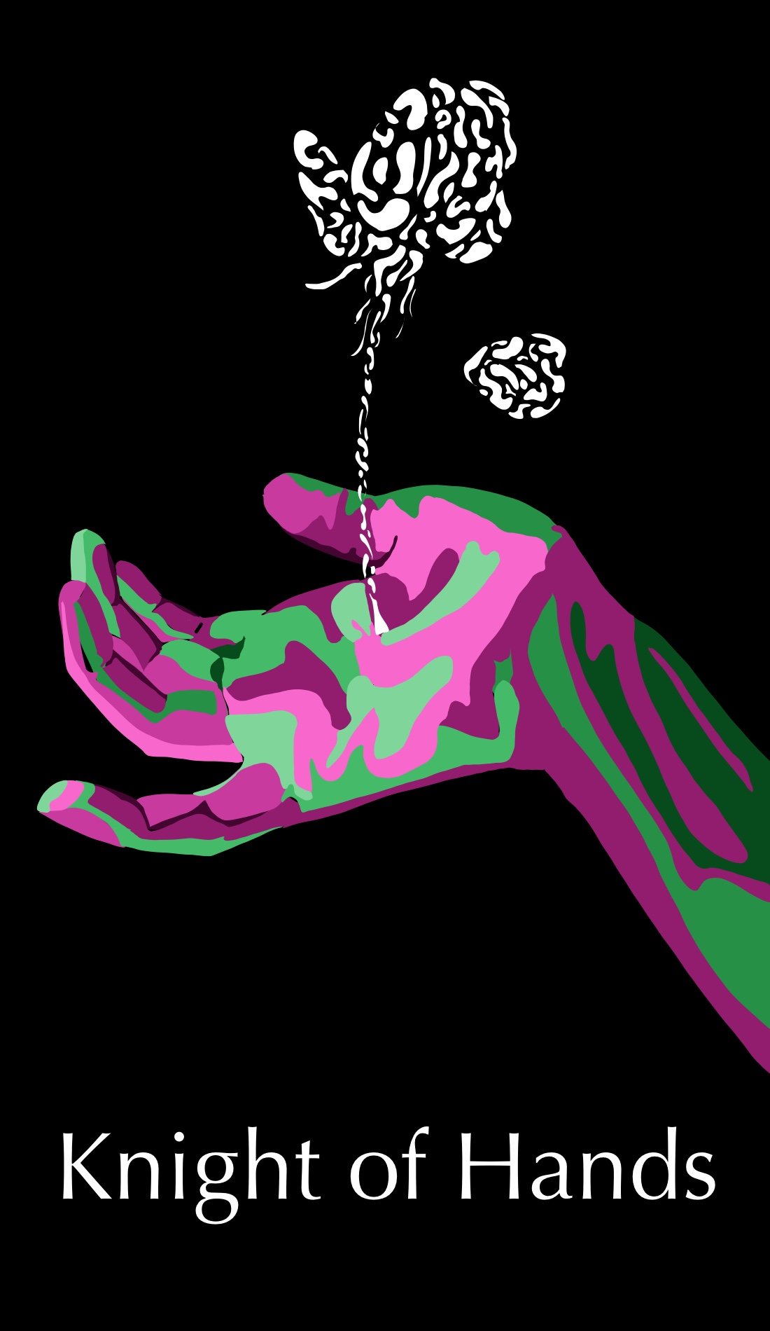 The Knight of Hands is the card of creativity, romance, charm, and imagination. The soft pink creates an air of romance, enhanced by the rose growing out of the hand. The mute green tone hints at the possibilities of this card without being overwhelm