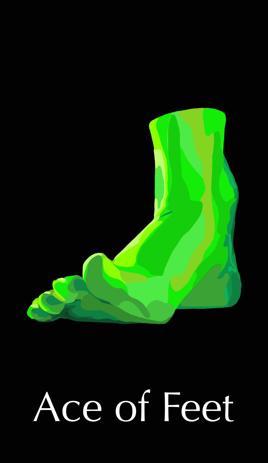 The Ace of Feet is a card about financial opportunities. The color green shows the possible growth while the foot sits confidently on the ground. The slightly lifted toe shows the interest and intrigue of new opportunities arriving.