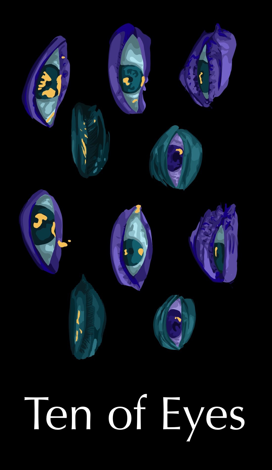 The Ten of Eyes addresses painful loss, betrayal, difficult endings and deep wounds. This card unlike the rest of the cards in this suite rarely uses its third, bright color. This is cause the feeling that the hope is being eaten away and is currentl