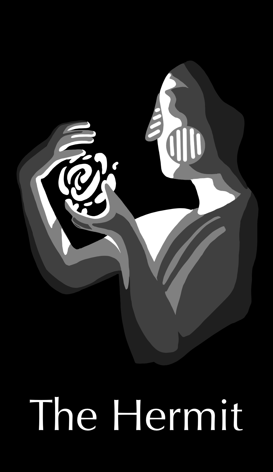 The Hermit card is about soul-searching, inner guidance and being alone. The black and white nature of this card adds to the isolation this card is meant to represent as the individual looks at what they already have to learn something.
