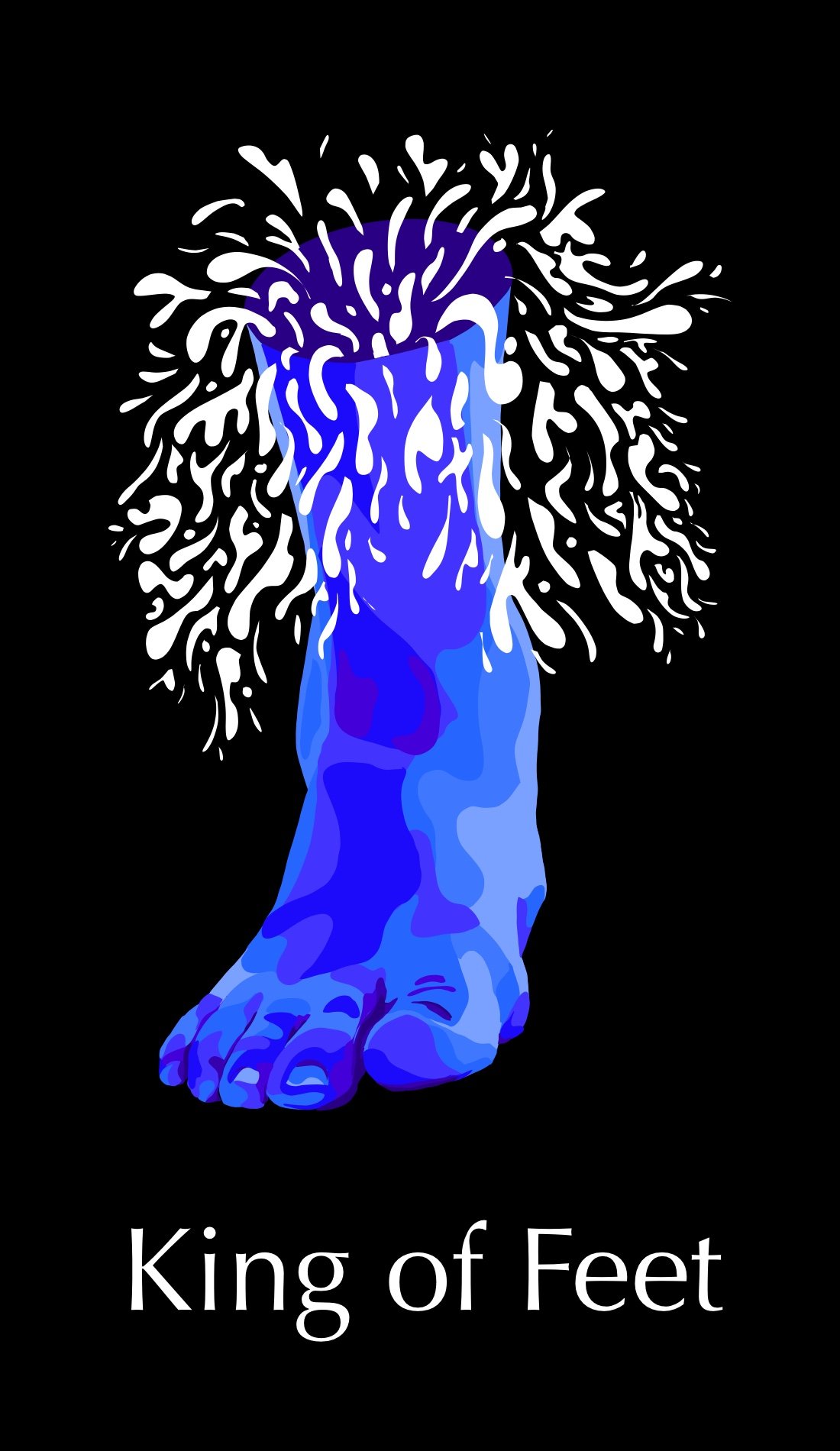 The King of Feet is a card about abundance, wealth, discipline, and security. The blue shows the depth and knowledge that one gains through years of discipline, working, and learning. The white is show flowing out from inside the foot as this card sh