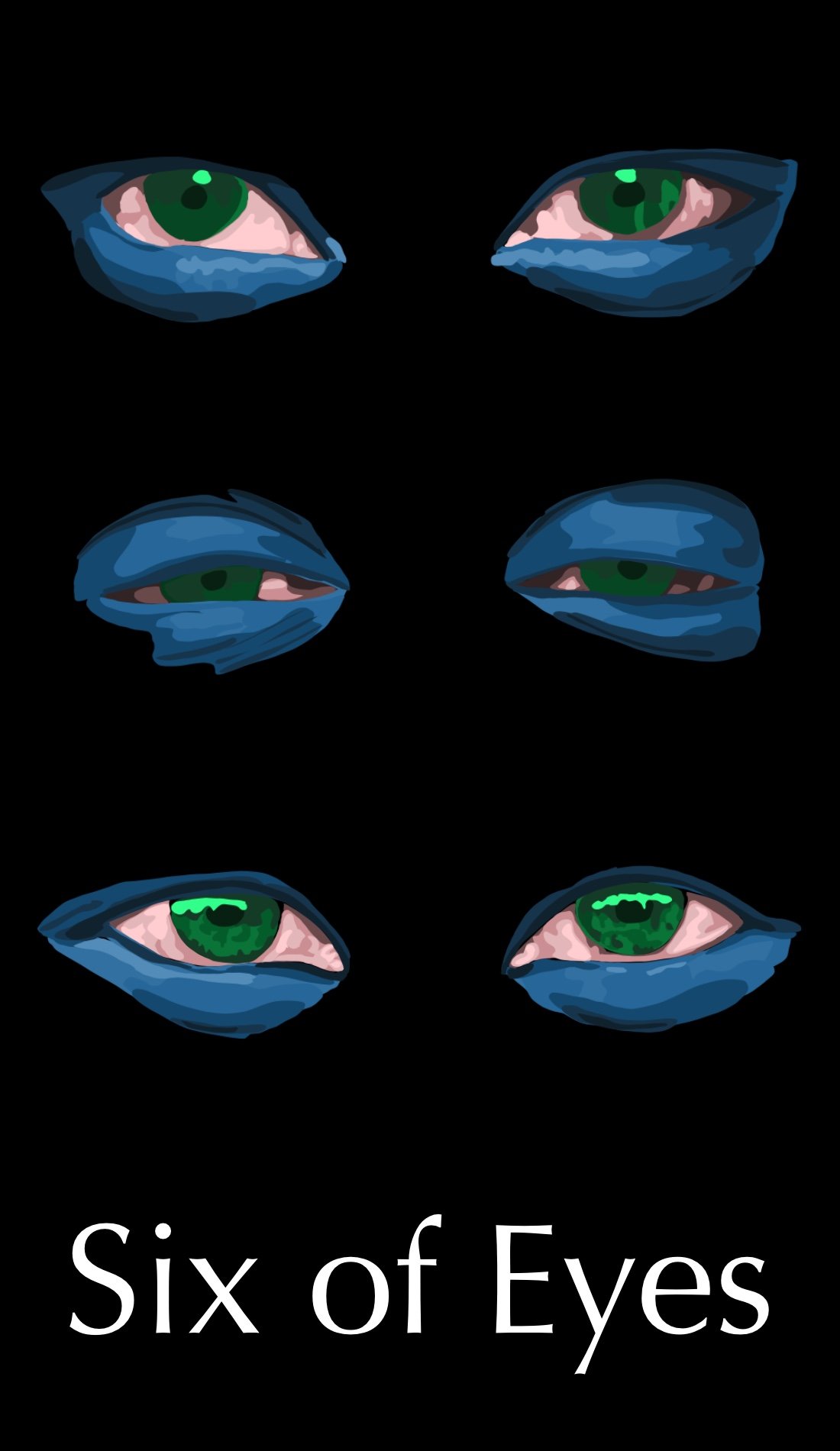 The Six of Eyes is about change, transition, and rite of passage on a large scale. There is room for growth but it is uncomfortable. The bright green show the idea of growth, but the blue shows the sadness associated with the idea of change. We also