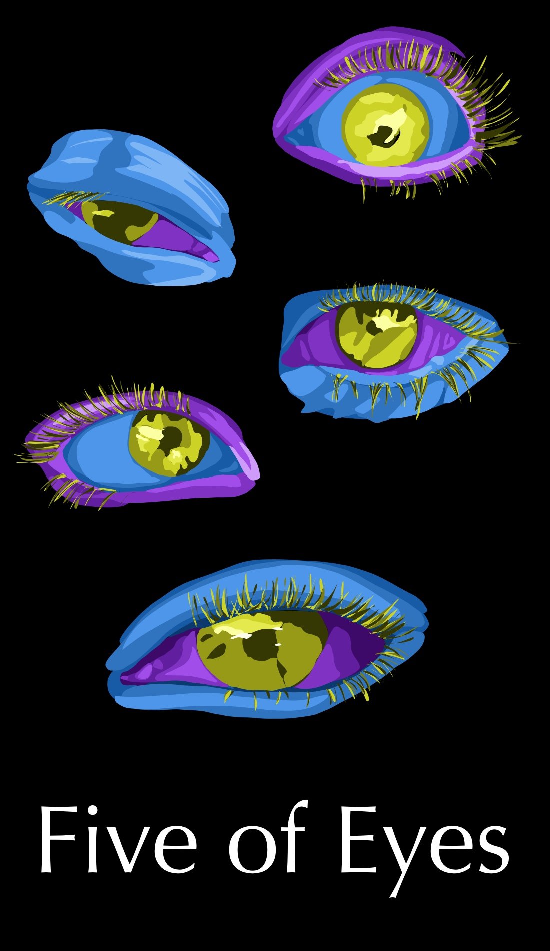 The Five of Eyes is the card of conflict and fighting for something at all costs. This intention is seen in the golden colored eyes. This golden color is often associated with pure intentions that are worth dying for. The shades of blue and purple ac