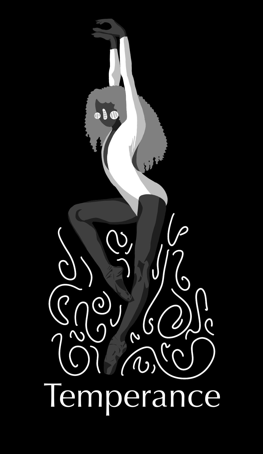 Temperance is the card of moderation, patience, and balance. Just like yin and yang this card balance the black in the top portion with the white figure and the black shade of the legs with a white pattern. As well this ballerina works to stay balanc