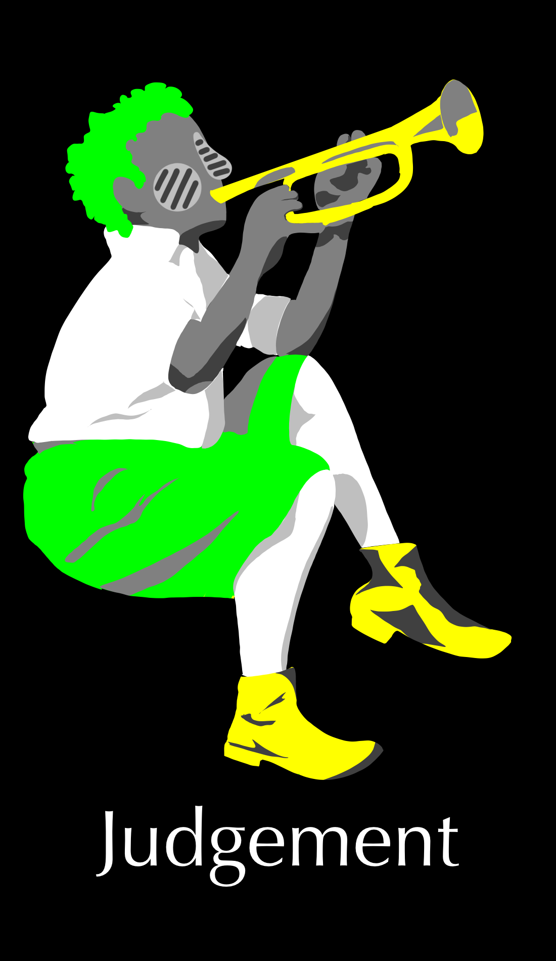 Judgement is the card about rebirth, judgement , and inner callings. This figure plays the yellow trumpet to call one to face their actions. The yellow represent the possibility for better life; the green represents the possibility for rebirth. The w