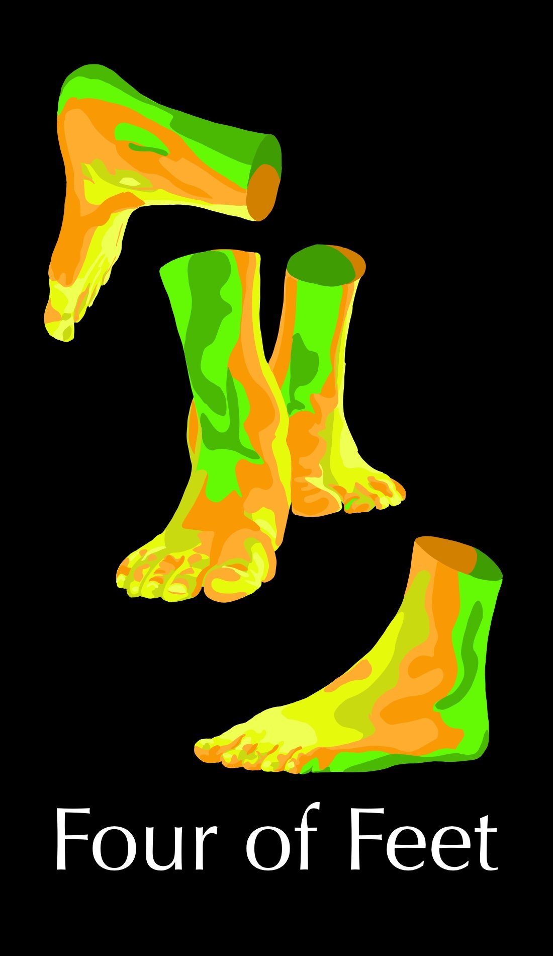 The Four of Feet is a card about scarcity, conservatism, and saving money. The yellow represents this want for wealth. The green is symbolic of the desire for growth however it is barely used because that growth is unlikely. The orange acts as a colo
