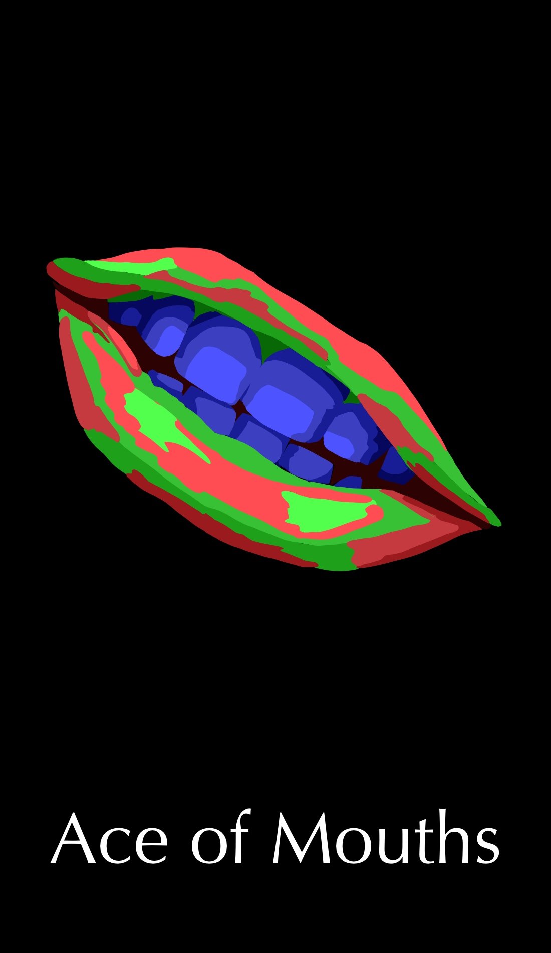 The Ace of Mouths card is about growth, new opportunities, and potential. This mouth is at the beginning of saying something, showing the potential. The color green and its brightness expresses possible growth.
