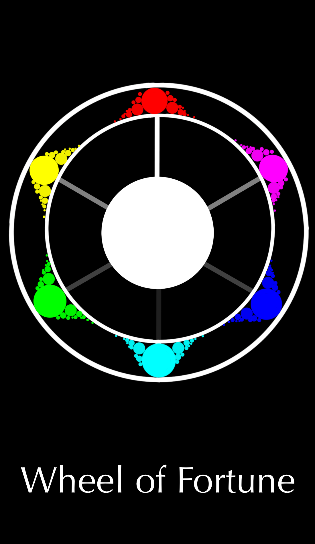 The Wheel of Fortune card is about good luck, life cycles, and destiny. It is represented by a wheel decorated with the color wheel. The cyclical nature of the color wheel shows the constant shifting from one space to another in a circle.