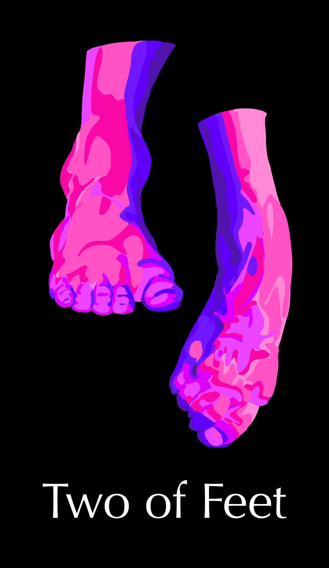 The Two of Feet card addresses adaptability, prioritization and time management. While purple tends to be a calm color the neon magenta acts in an energizing manager as both energies are needed in life but it is important to determine when to use eac