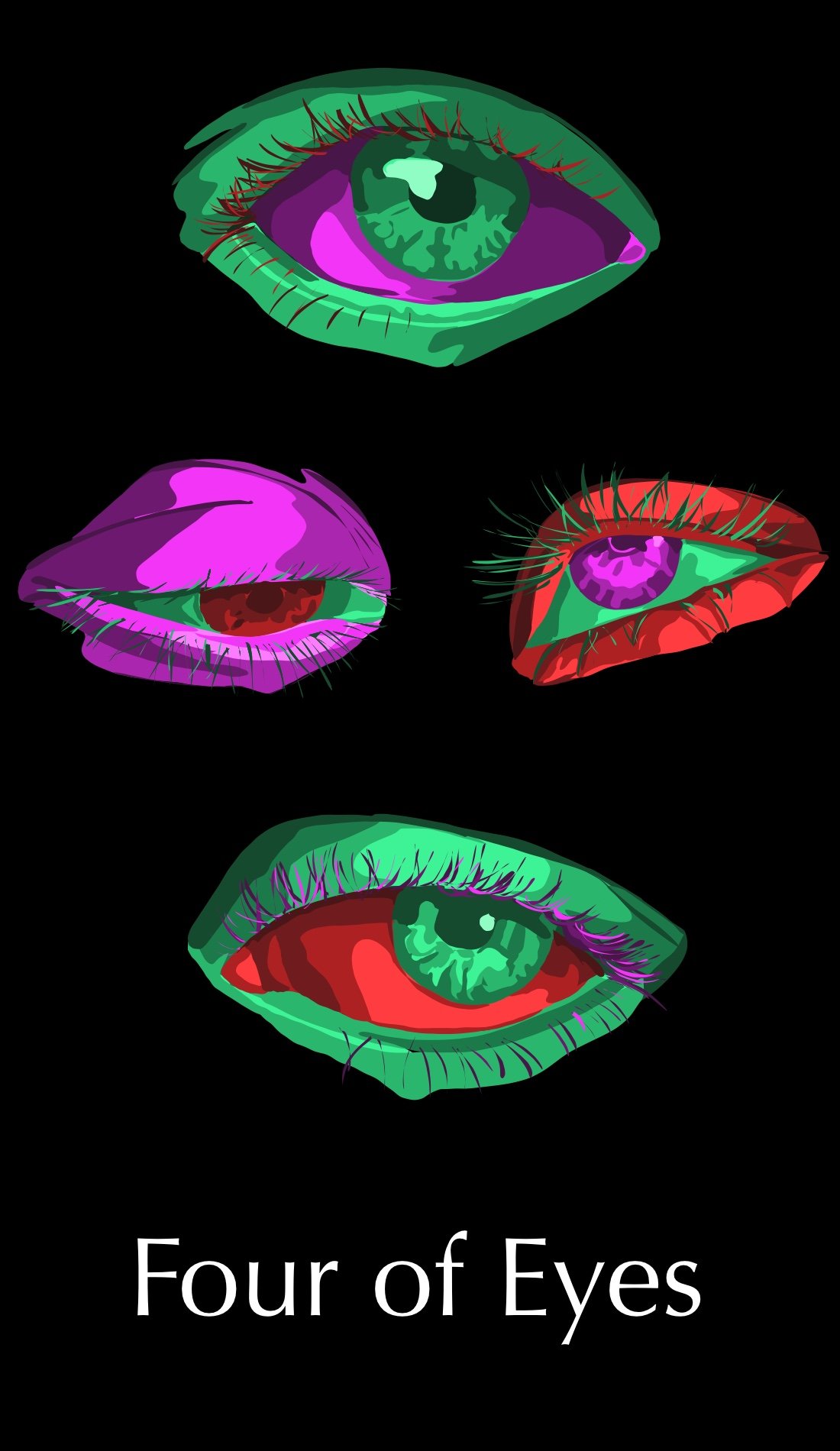 The Four of Eyes addresses relaxation and mediation. Green is often seen as a calming color and reds and pinks focus the eye on these greens. The eyes themselves are not entirely focused on anything. They are lost in meditation.
