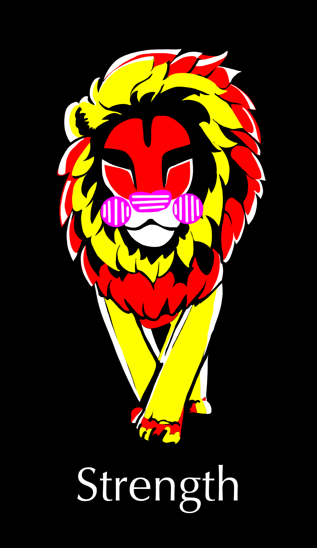 Strength card represents courage, strength and compassion. The slinking nature of the lion and the colors of red and yellow represent these concepts.