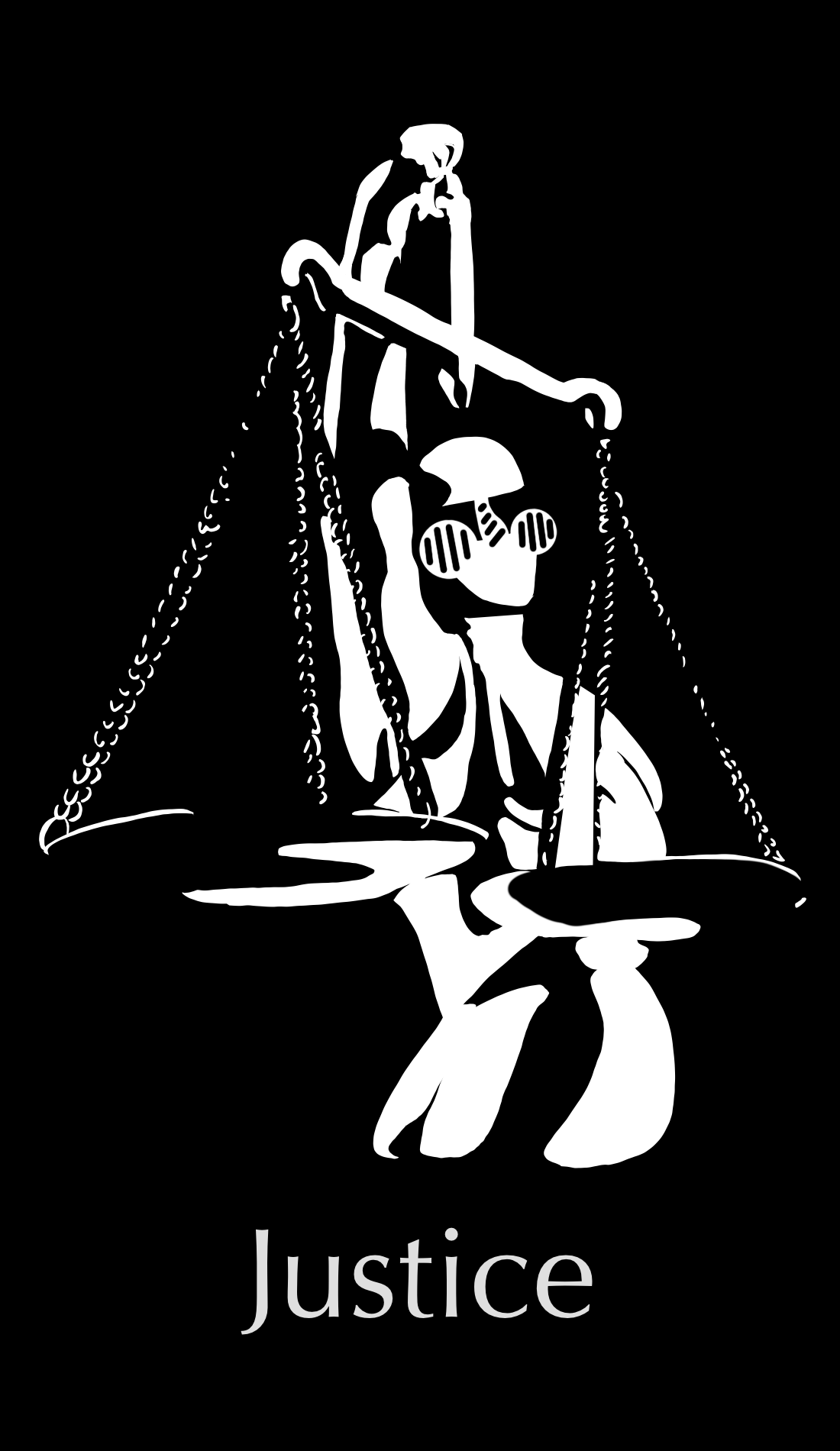 This card is about justice, facts, and fairness. Things are right or wrong actions have consequences. Thus the card is done in black and white. There are no shades of gray in this card