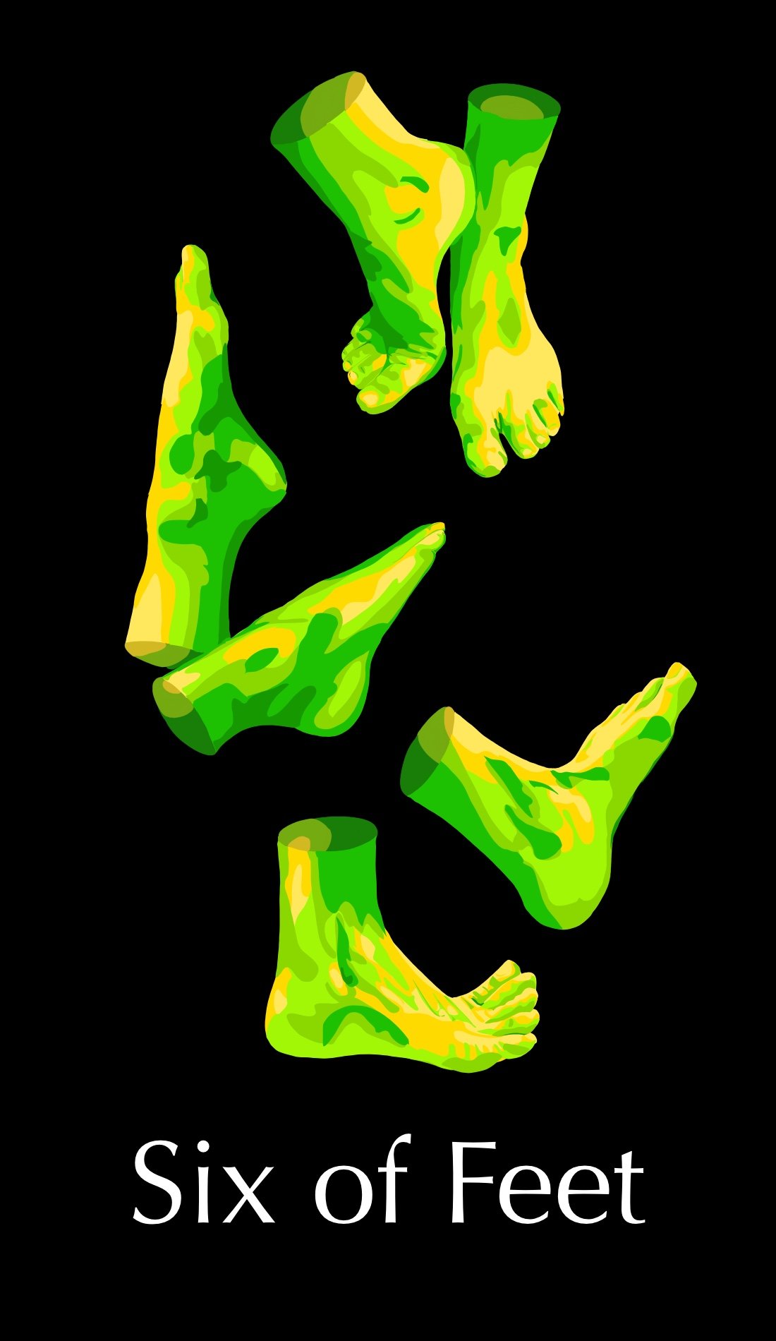 The Six of Feet is a card about generosity, charity, giving and receiving. These feet are shades of green to show the giving and the yellow shows the wealth to give. There is no orange in this card to warn of caution like in other cards. The feet are