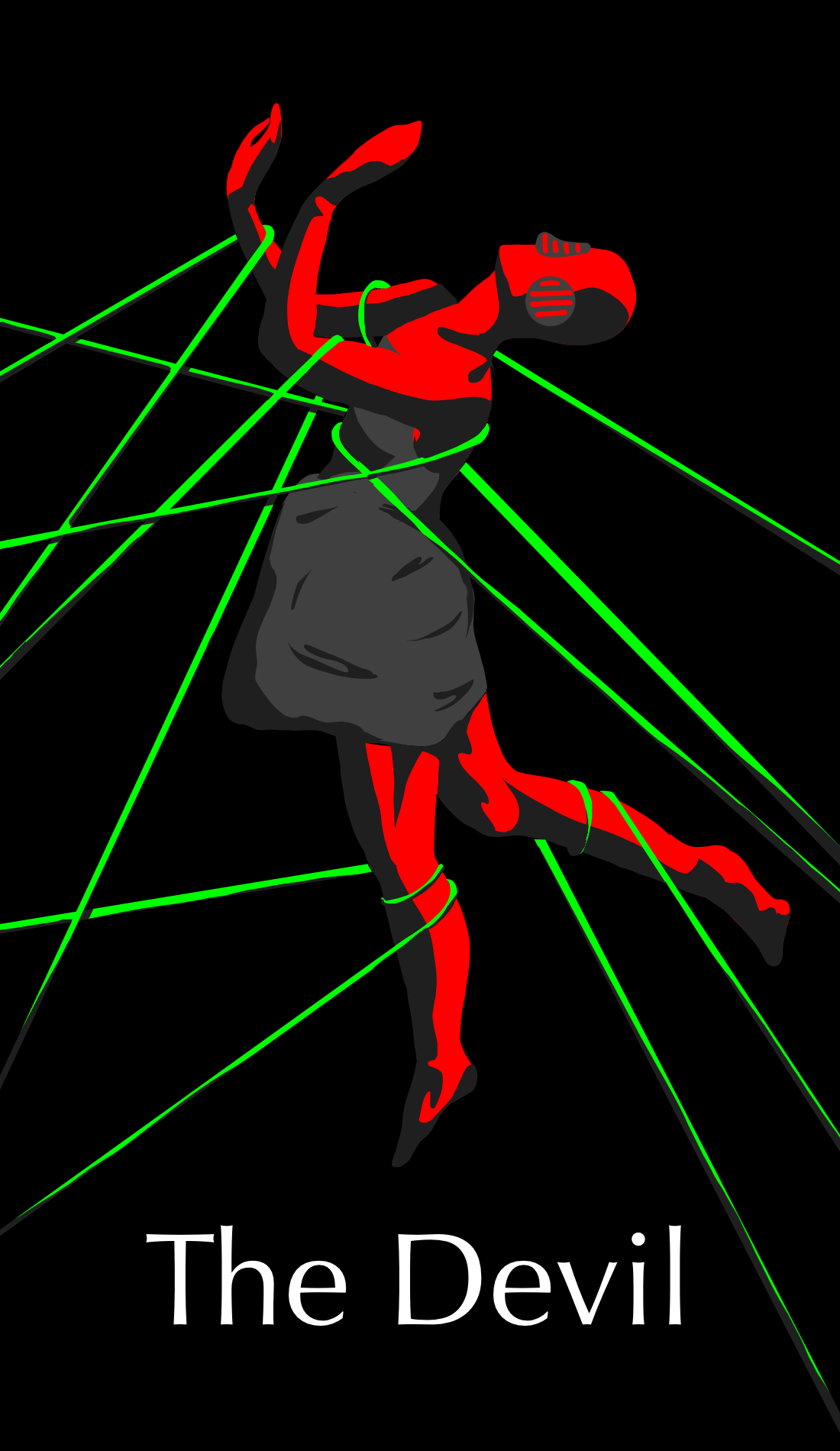 The Devil card represents attachments, addictions, the shadow self and restriction. A card of caution generally the figure is red, the color of danger. This figure is held down by bright green ropes. Green is often the color of things seen as a good
