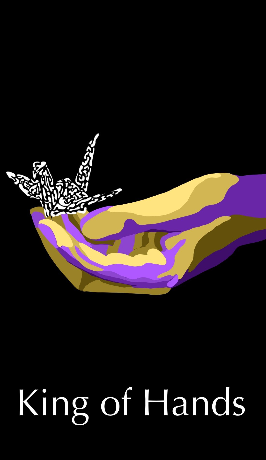 The Kings of Hands deals with emotion balance, compassion, and diplomacy. The color purple was chosen with a muted yellow showing the balance and calmness. The origami crane rests gently in the hand providing evidence of the delicate yet complicated