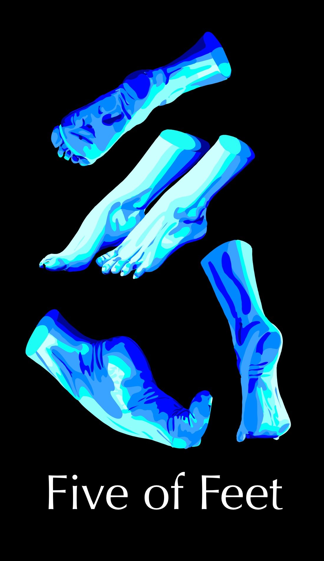 The Five of Feet is a card about poverty, financial loss, isolation and worry. This card is in shades of blue because it is a sad and emotionally exhausting period of time. The lightest parts of the feet are also a clearly blue hue because even the