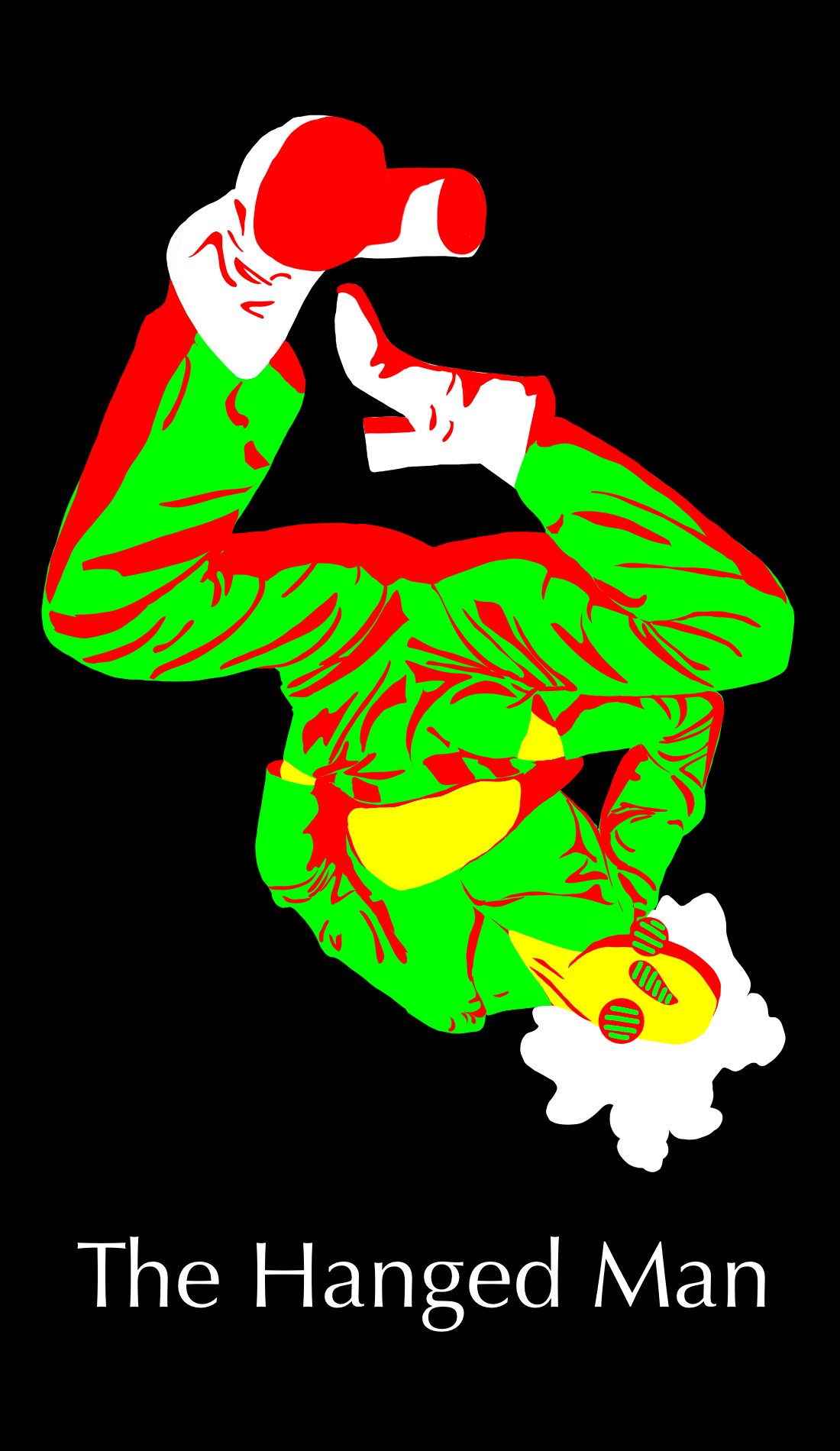 The Hanged Man deals with new perspectives and letting go. Green and red are contrasting colors yet work together well. Green is generally associated with growing and newness.The pops of white act as a reminder to pause, even just a little to listen
