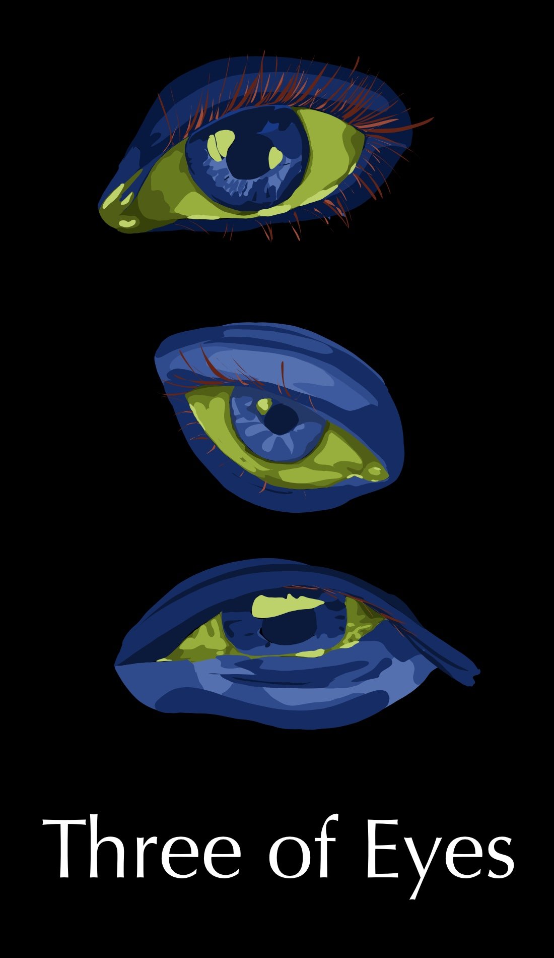 The Three of Eyes deals with heart break, grief and pain. These eyes are all in muted blue tones to show the sadness. The other colors in the image feel overwhelmed by the blue color. You can almost see the tears forming as you look into them.