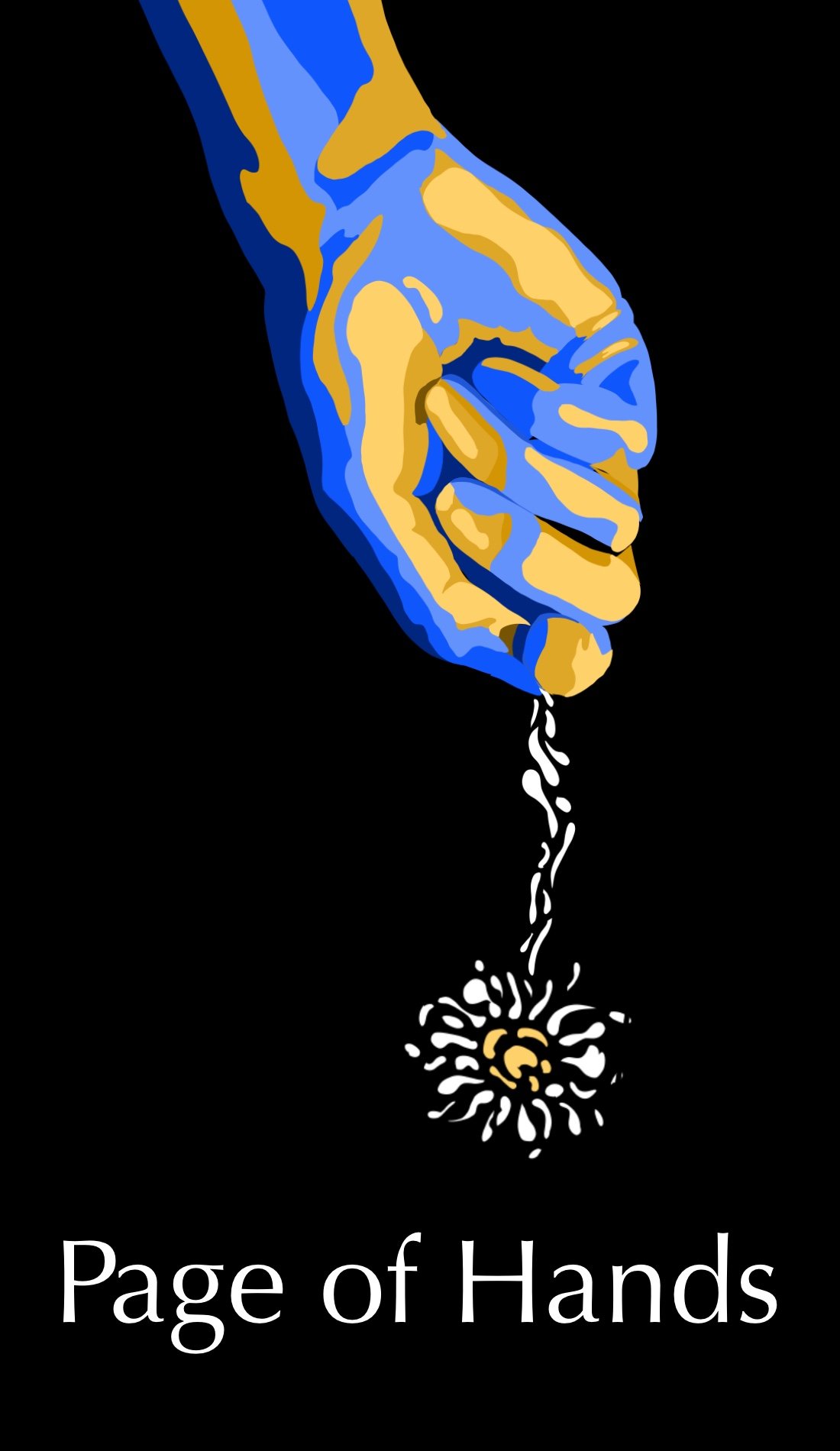 The Page of Hands deals with creative opportunities, intuitive messages and possibilities. This card is associated with childhood as seen with the dandelion held. The warm blues with the muted yellow provides a calm sense of possibilities. The blue s