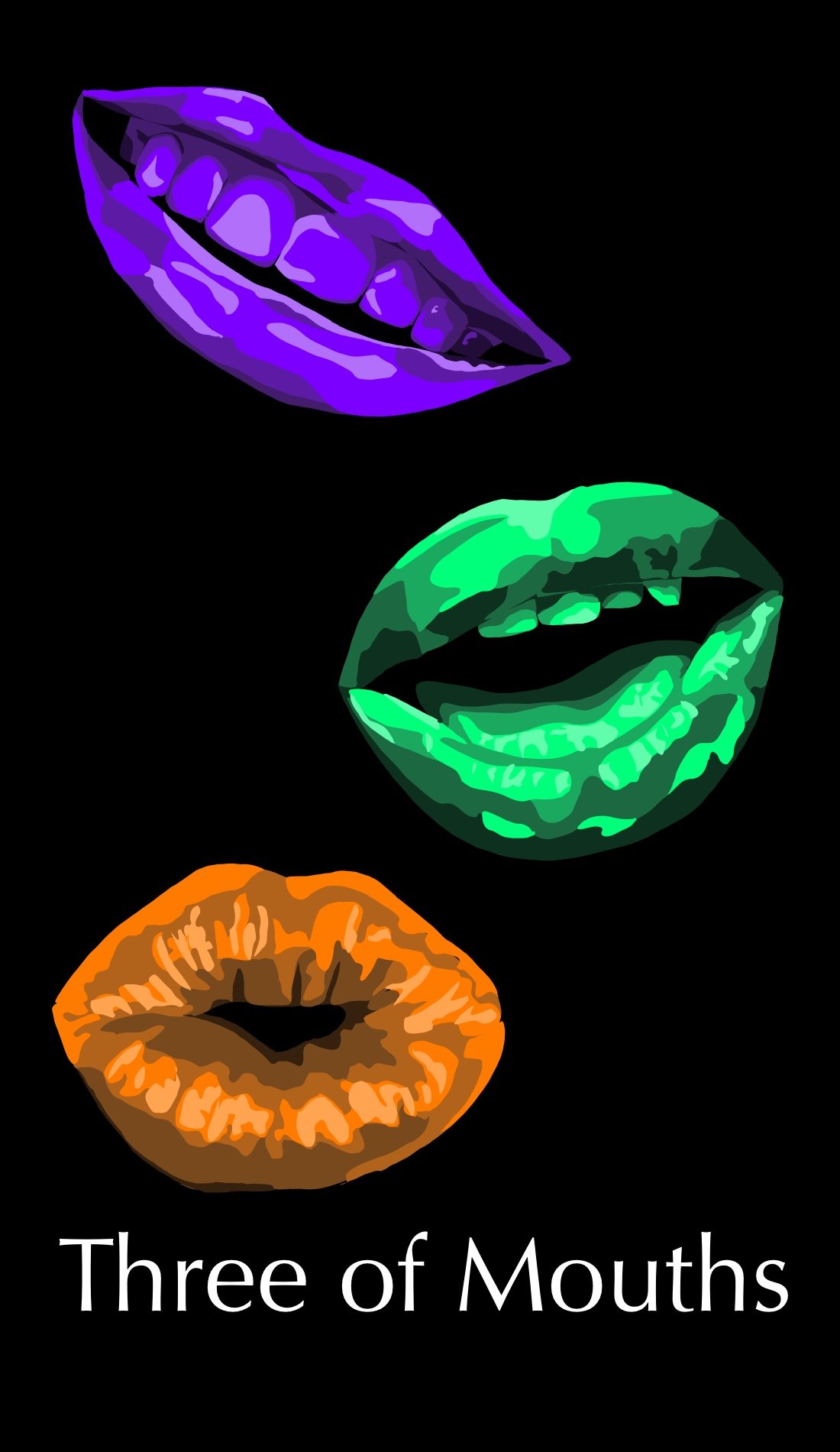 The Three of Mouths card is about expansion and foresight. This is seen as the mouths expand into a smile. The final mouth in the color purple represents the benefits of foresight. These mouths show the steps of discovery, processing/reacting and rea