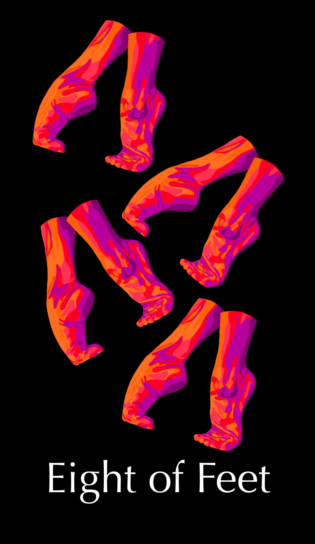 The Eight of Feet is about receptive work, apprenticeship, and skill development. Shades of red and orange are used to show the difficulty of repetitive tasks. They are hard and frustrating but necessary. As well, these are the feet of dancers. The p