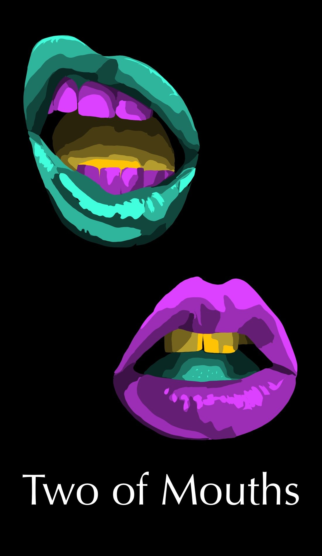 The Two of Mouths card is about progress and discovery. The mouths are slightly ajar, opened in the state of awe that may be seen when seeing something new for the first time. The hints of yellow inside the mouth are representative of this discovery.