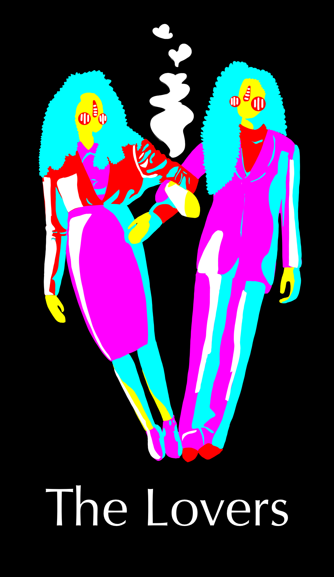 The Lovers card is about relationships and choices. The color pink is used to represent the romantic nature of this card while hints of red warn of possible danger. Whatever choices are being made should be taken seriously. These similar looking figu