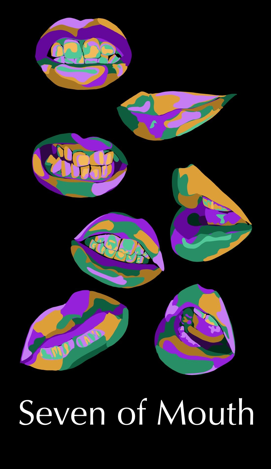 The Seven of Mouths is about perserverance, competition, and challenges. The yellow provide a sense of competition while to purple creates a sense of possible success. The tones are muted as everything is in the air. It is not a negative sense of com