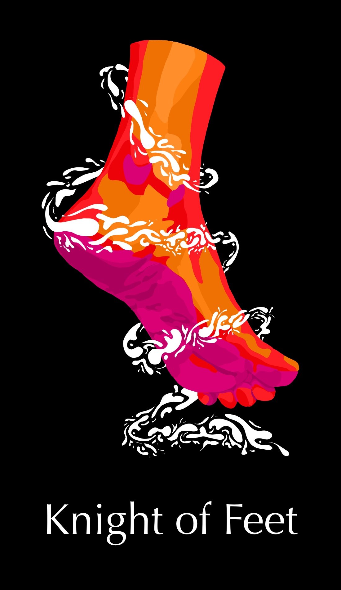 The Knight of Feet is about hard work, routine, and conservation. The shades of orange show this caution and conservation. The pink underneath shows the possibility of danger at any step. The white wraps around the foot as this card is about protecti