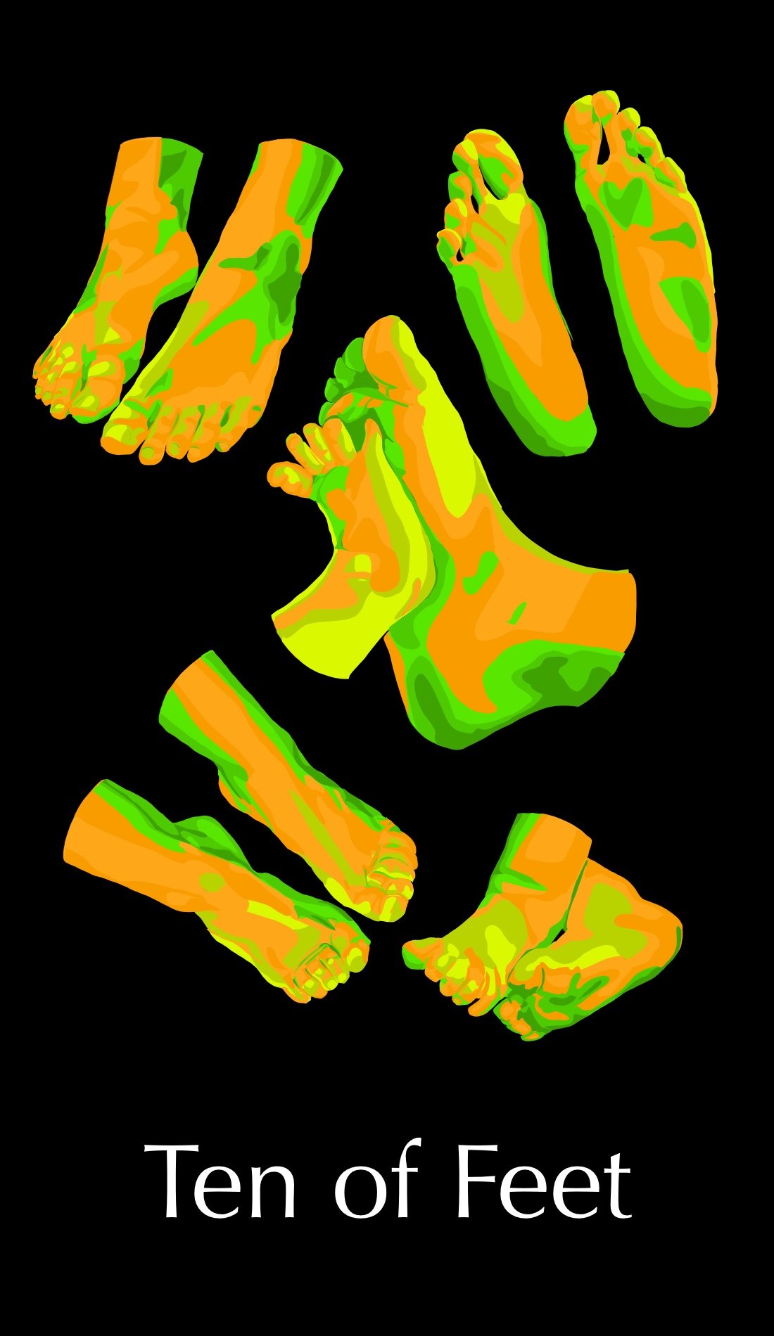 The Ten of Feet is a card about long term success, contribution, family, and financial success. The wealth is seen with the yellow highlights. The orange acts as here to show the hard work and steady contribution needed for long term success. The gre