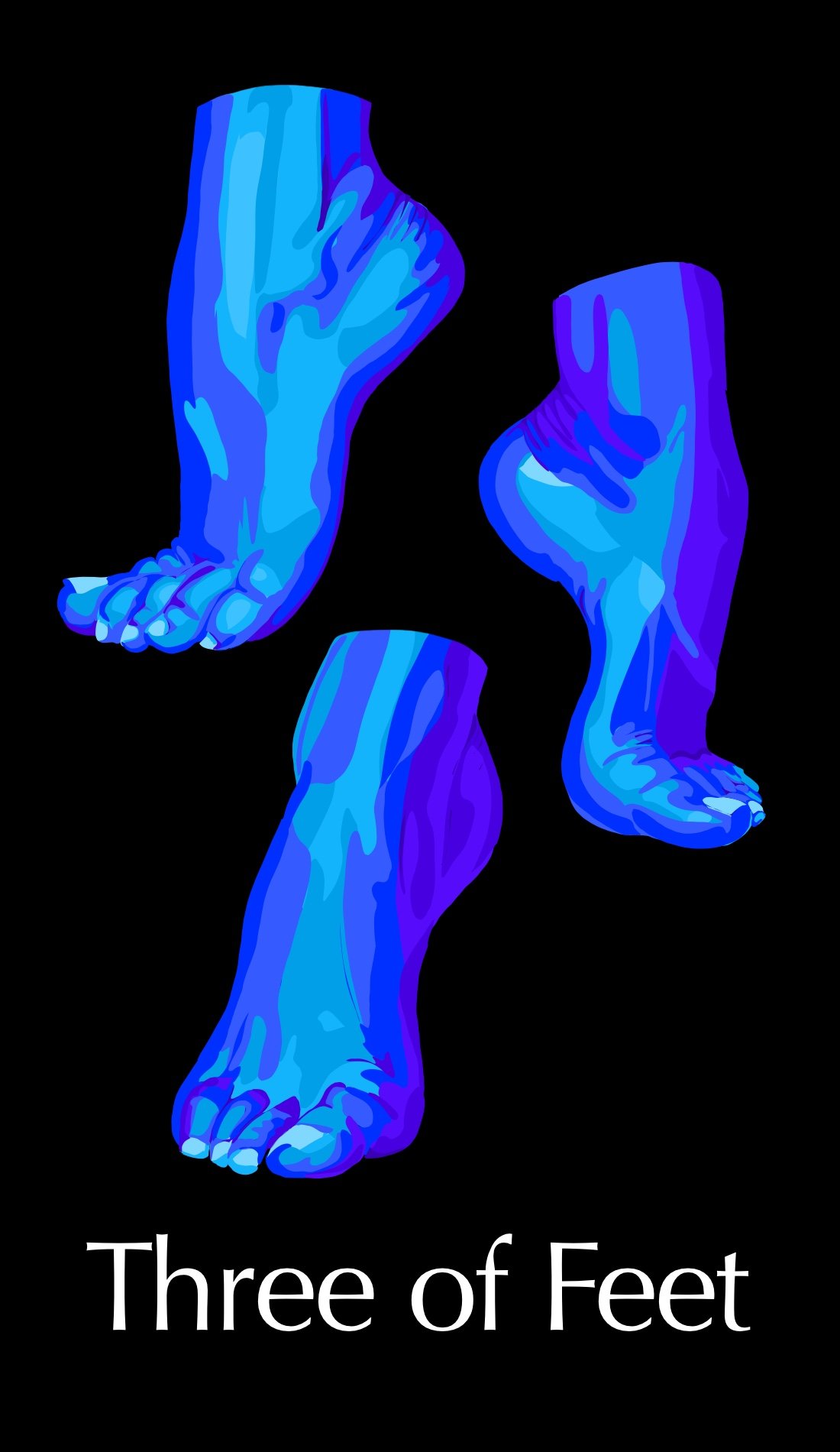 The Three of Feet is about collaboration, team work, and learning. The cool shades of blue and purple show this sense of calmness and openness that is required to learn. The foot is seen rotating in this card to show looking at something from several