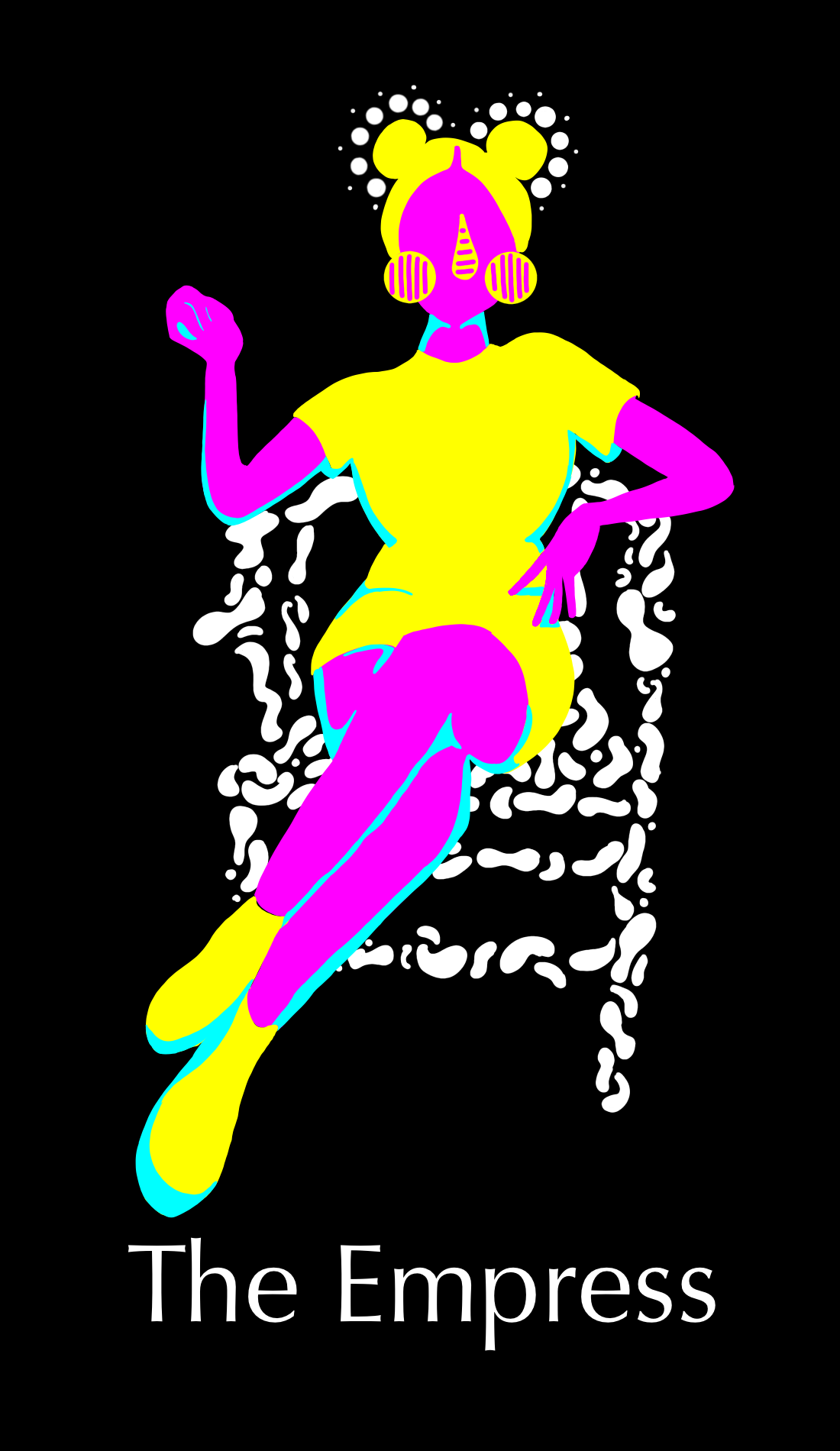 The Empress is symbolic of femininity and matriarchy. The pink skim and curves of the card show the feminine nature. Her power is seen in a thrown she has formed from the color white.