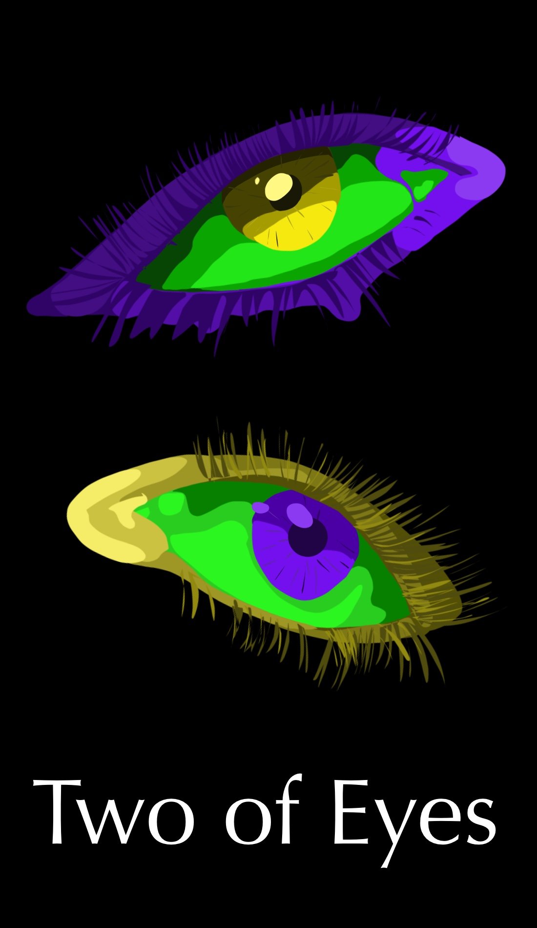 The Two of Eyes is a card of difficult decisions and avoidance of those decisions. The bright contrast between the deep purple and the bright green and yellow show the decision in front of these eyes. However, they do not make eye contact, not with y