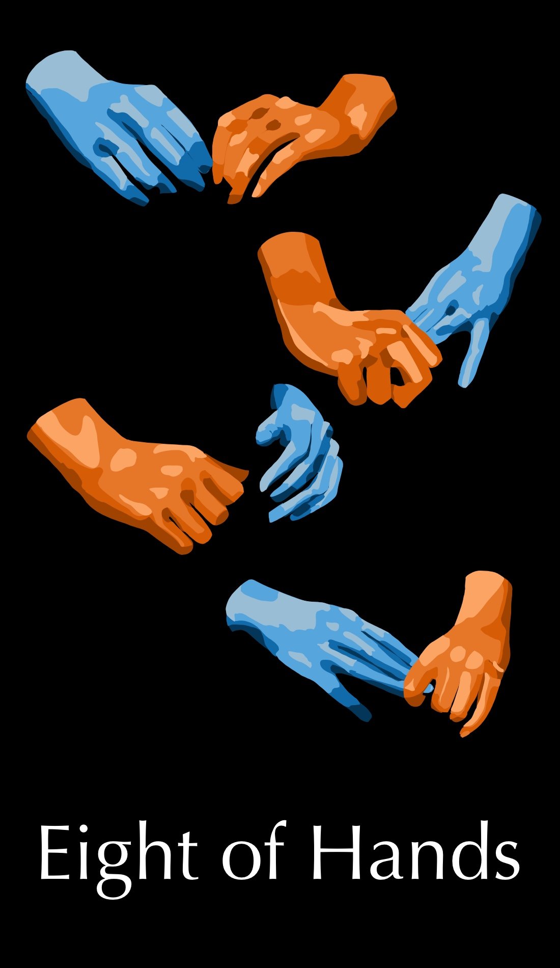 The Eight of Hands deals with disappointment, abandonment and withdrawal. The gestures of these hands show the internal struggle and concern associated with this card. The pale blue, often seen as a comfort, with the bright orange as contrast, create