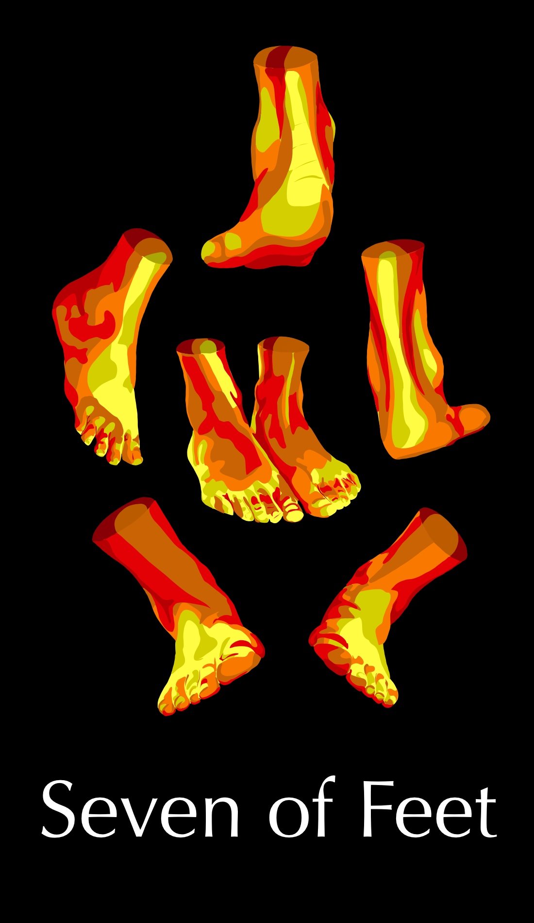 The Seven of Feet is about perseverance, investment, and sustainable results. The yellow is used to show the possibility of wealth. The orange show that caution may be needed. While the red shows that this is a card about actively choosing a responsi