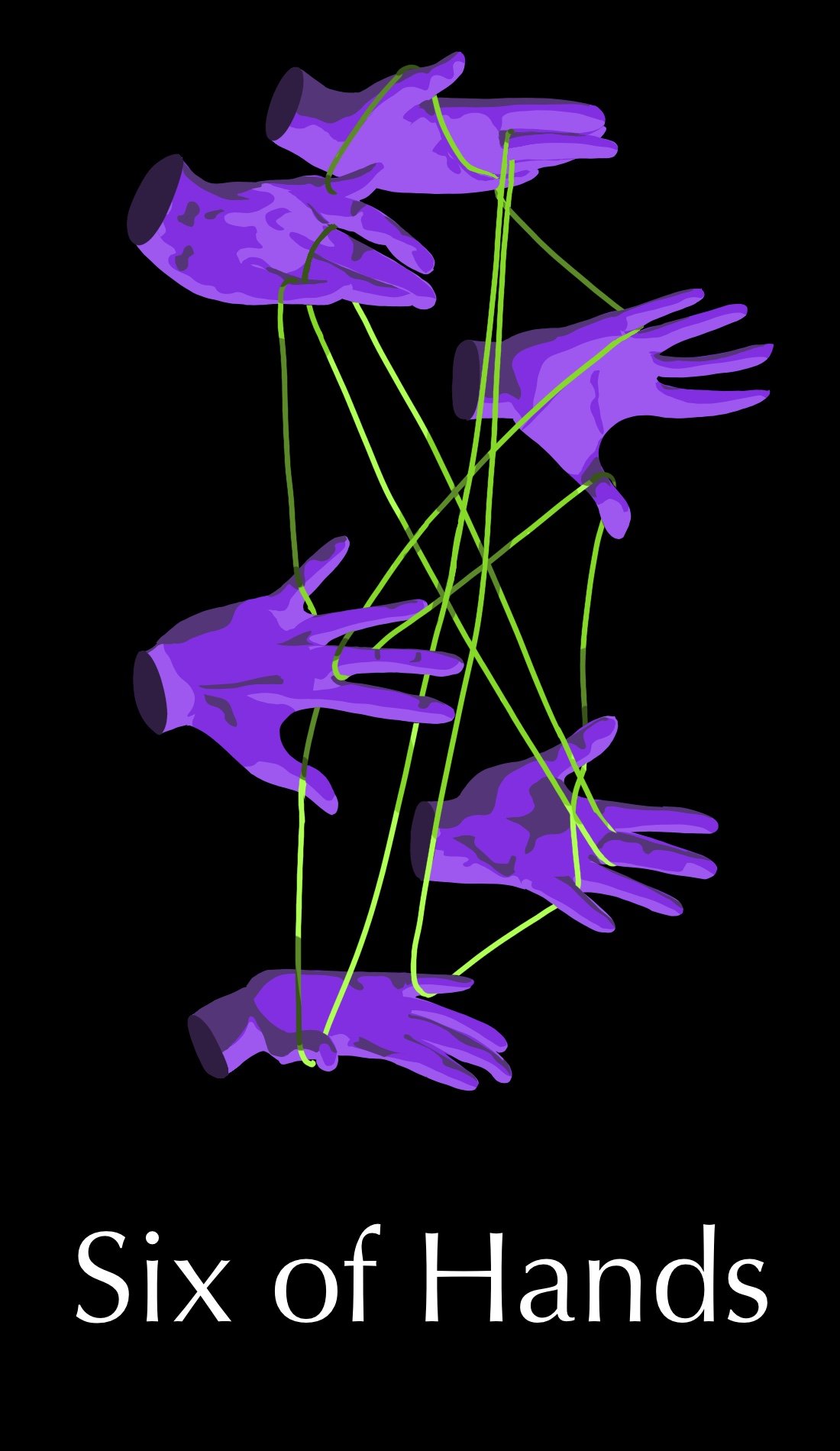 The Six of Hands is a card about returning to one's past, innocence, and childlike energy. The color purple is often worn by young girls and those who still have a sense of whimsy. The cats cradle game is being played, symbolic of the threads of memo