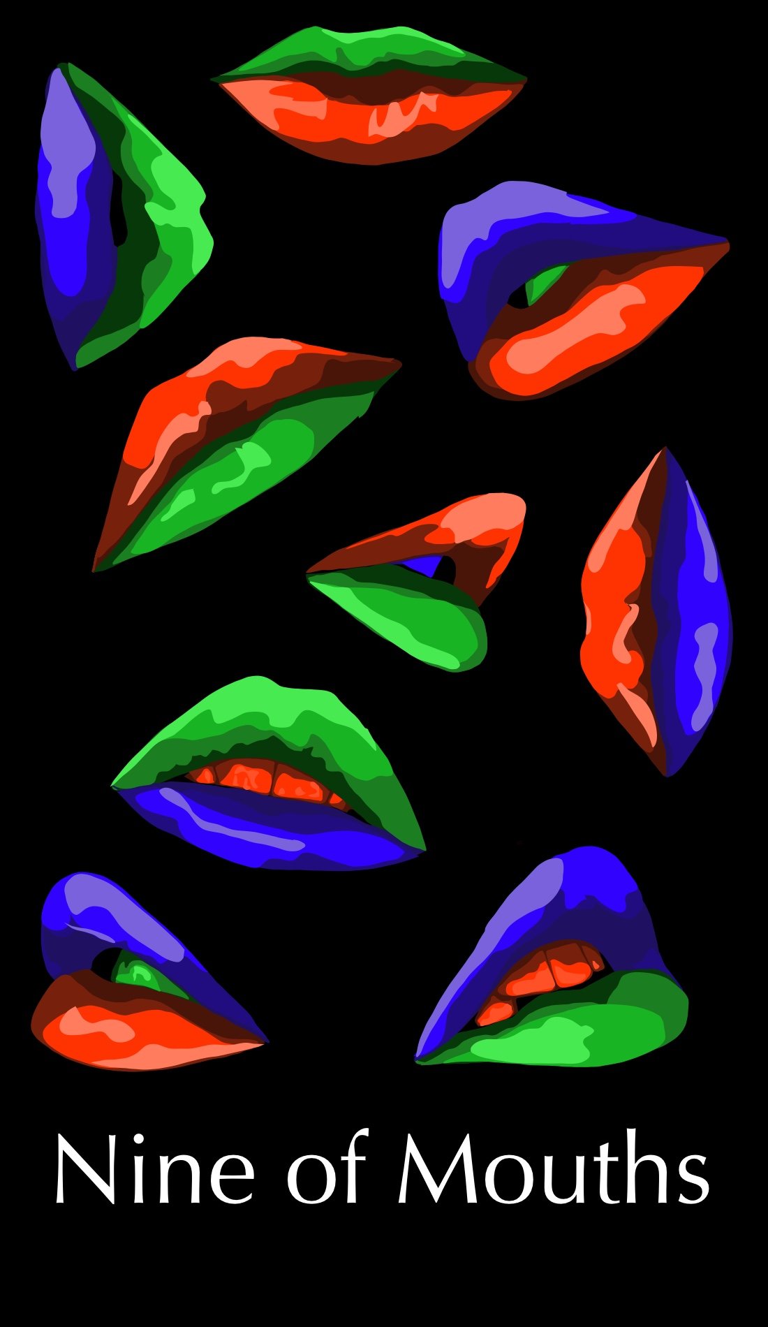 The Nine of Mouths is about resiliance and boundaries. Each section of the mouth is done in a different color. This creates clear boundaries between the sections. The red tones are chosen for their confidence in the decision. However setting boundari