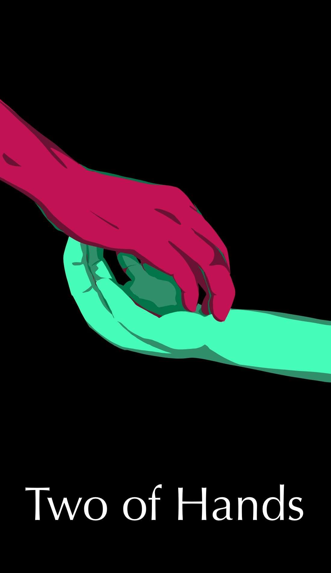 Slowly weaving into each other, this card is about unified partners. The color of each hand is slightly in the shadows of the other showing their compatibility