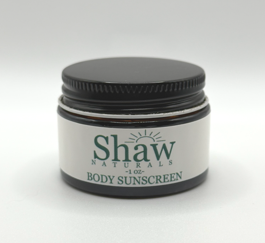 Shaw Naturals Tallow Body Sunscreen in a 1 oz amber glass jar, front label